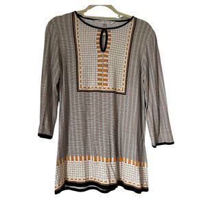 MAX STUDIO Women's Blouse Size S Keyhole Front Print Tunic White Mustard Black